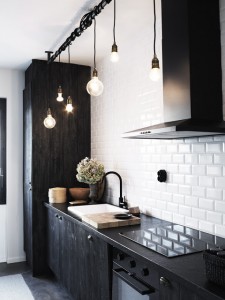 skona hem kitchen subway tile plank covered cabinets light bulb pendants cococozy